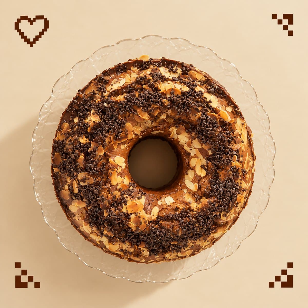 Gâteau au chocolat couronne, couvert d’amandes effilées grillées et de copeaux de chocolat, vu du dessus sur un plat en verre